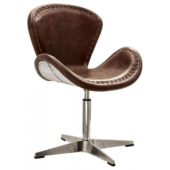 ACME Brancaster Accent Chair w/Swivel (1Pc), Retro Brown Top Grain Leather & Aluminum, 22" Seat Height