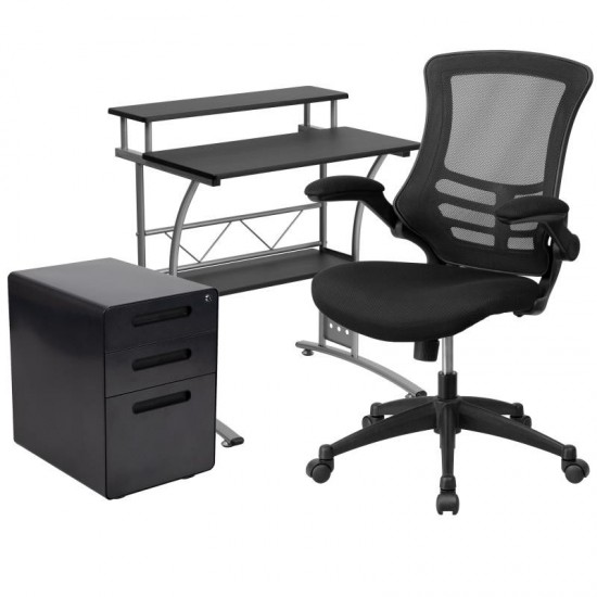 Flash Furniture Calder Black Desk, Chair, Cabinet Set BLN-CLIFAPPX5-BK-GG