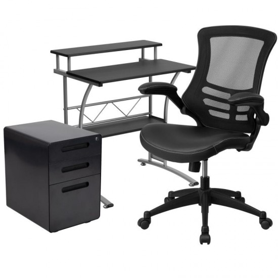 Flash Furniture Calder Black Desk, Chair, Cabinet Set BLN-CLIFAPX5L-BK-GG