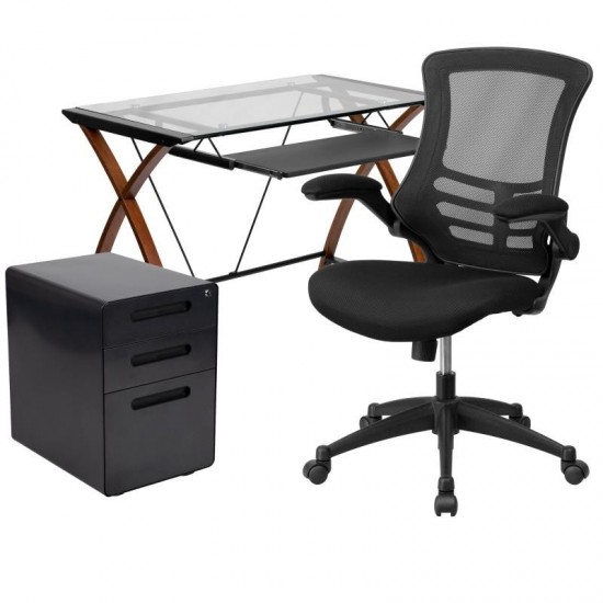 Flash Furniture Stiles Glass Desk, Chair, Cabinet Set BLN-NAN28APX5-BK-GG