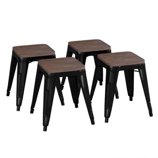 Flash Furniture Kai 4PK Black Stool-Wood Seat ET-BT3503-18-BLK-WD-GG