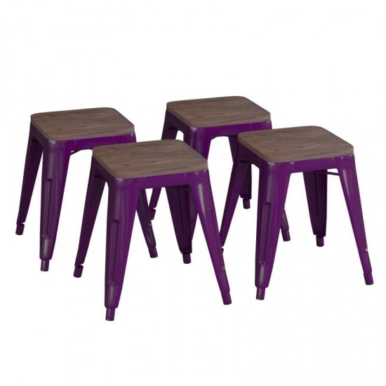 Flash Furniture Kai 4PK Purple Stool-Wood Seat ET-BT3503-18-PR-WD-GG