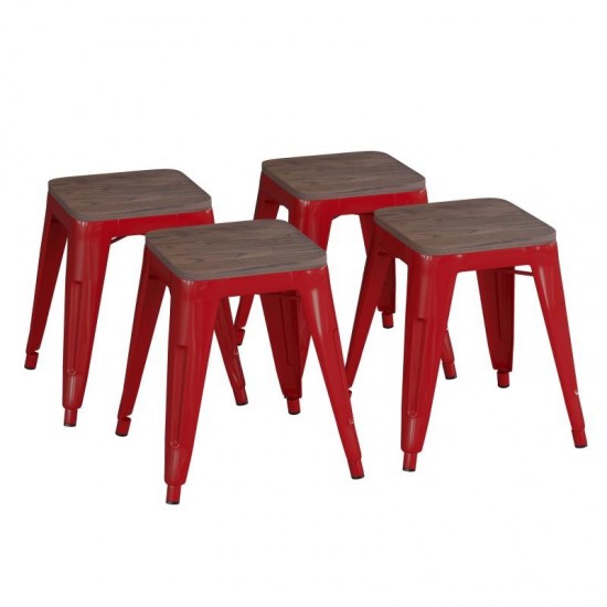 Flash Furniture Kai 4PK Red Stool-Wood Seat ET-BT3503-18-RED-WD-GG