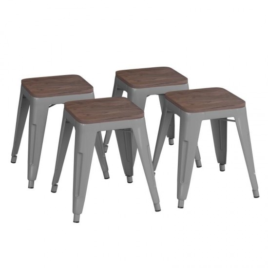 Flash Furniture Kai 4PK Silver Stool-Wood Seat ET-BT3503-18-SIL-WD-GG