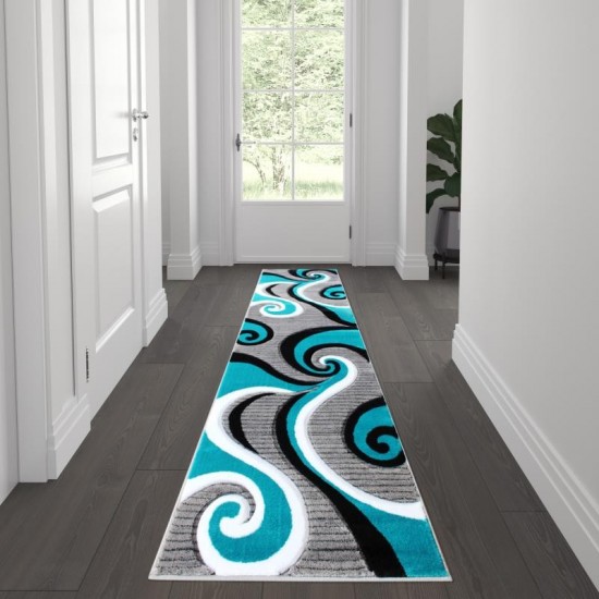 Flash Furniture Athos Collection 2x7 Turquoise Abstract Rug KP-RG952-27-TQ-GG