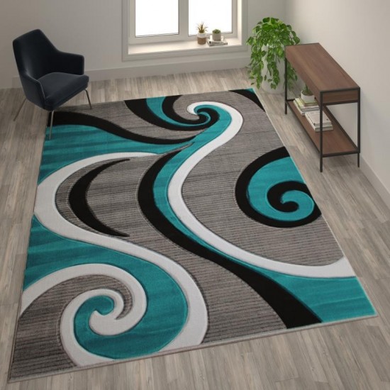 Flash Furniture Athos Collection 8x10 Turquoise Abstract Rug KP-RG952-810-TQ-GG