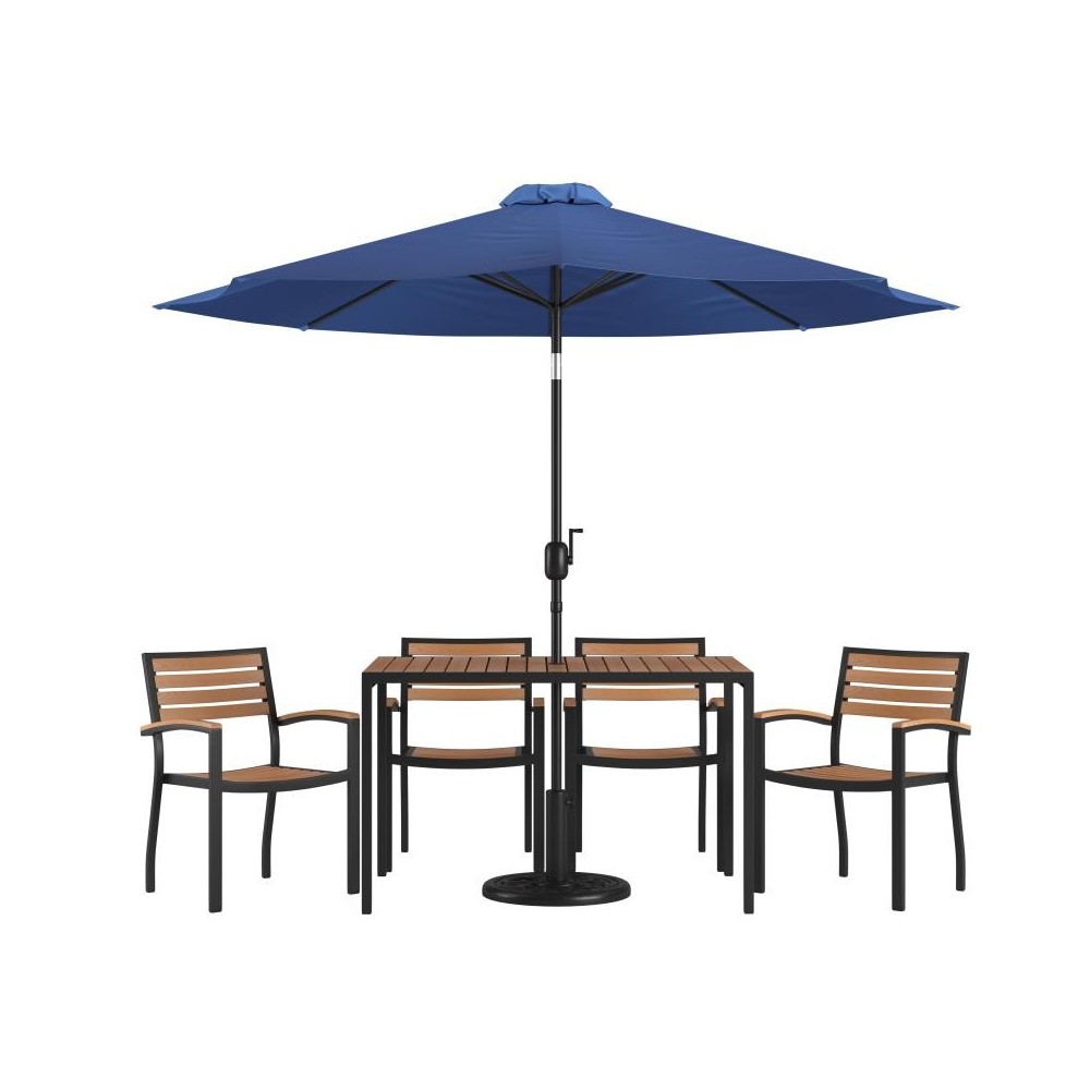 Flash Furniture Lark Table-4 Chair-Umbrella & Base XU-DG-304860064-UB19BNV-GG