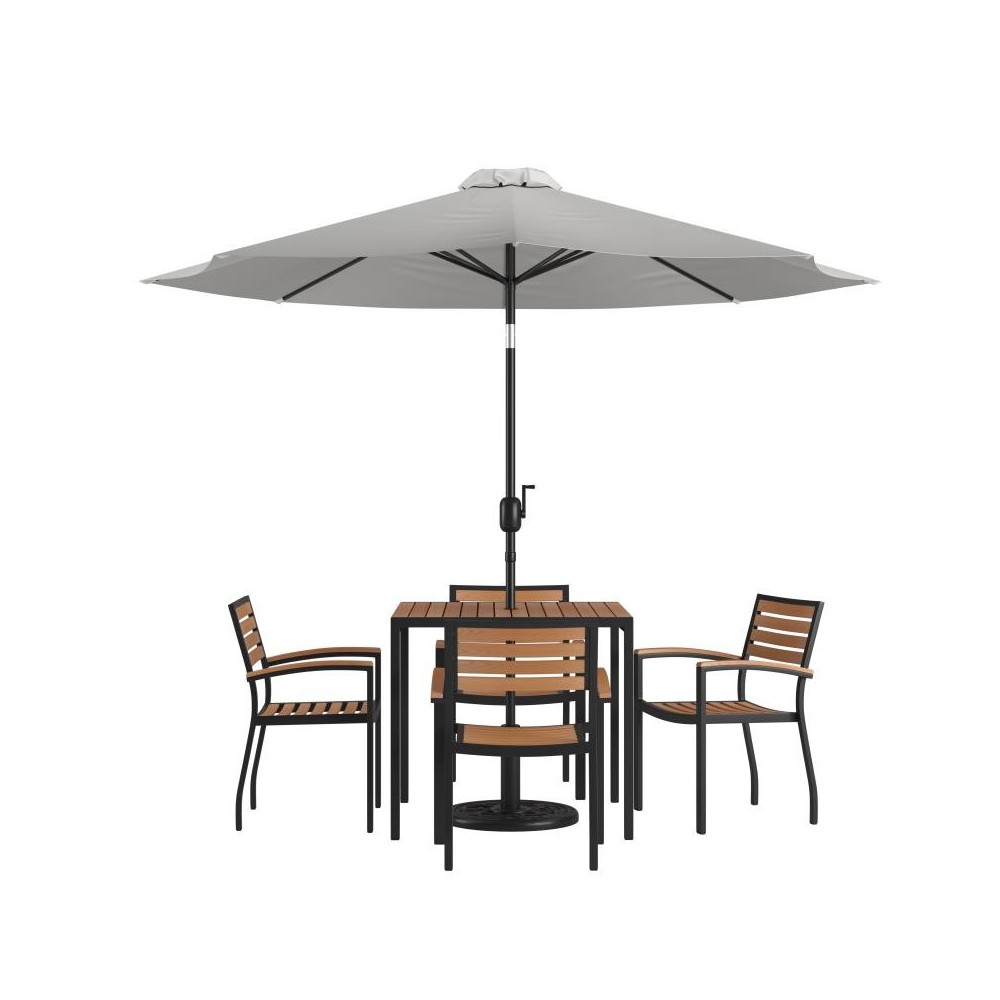 Flash Furniture Lark Table-4 Chair-Umbrella & Base XU-DG-810060064-UB19BGY-GG