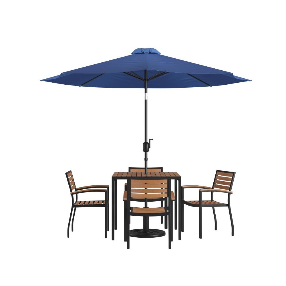 Flash Furniture Lark Table-4 Chair-Umbrella & Base XU-DG-810060064-UB19BNV-GG