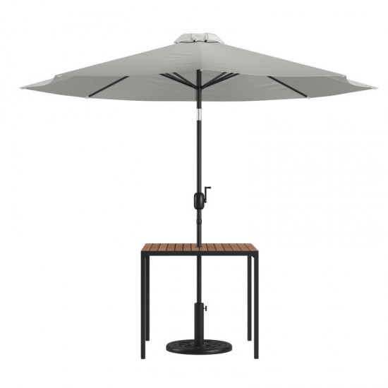 Flash Furniture Lark Faux Teak Patio Table-Umbrella XU-DG-UH8100-UB19BGY-GG