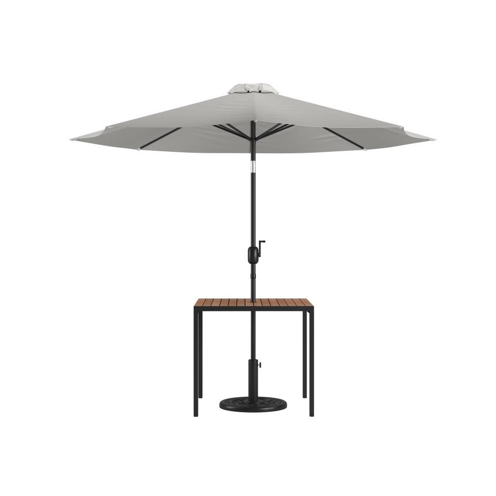 Flash Furniture Lark Faux Teak Patio Table-Umbrella XU-DG-UH8100-UB19BGY-GG