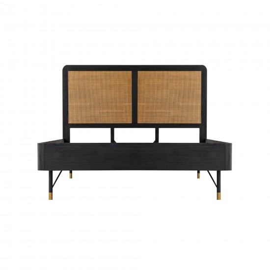 Saratoga Queen Platform Frame Bed in Black Acacia with Rattan Headboard