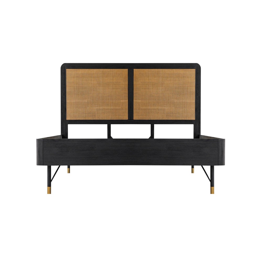 Saratoga Queen Platform Frame Bed in Black Acacia with Rattan Headboard