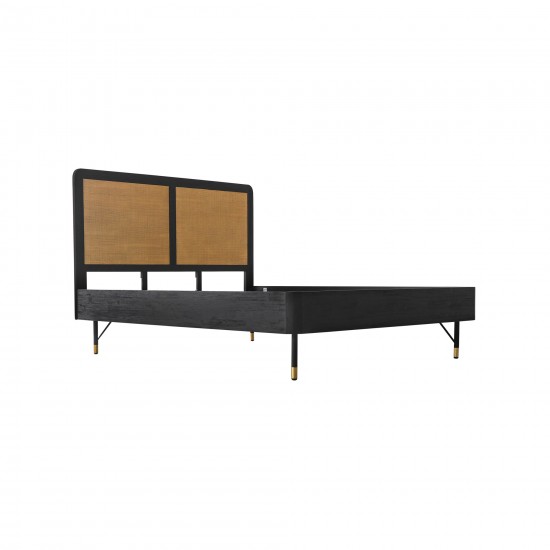 Saratoga Queen Platform Frame Bed in Black Acacia with Rattan Headboard