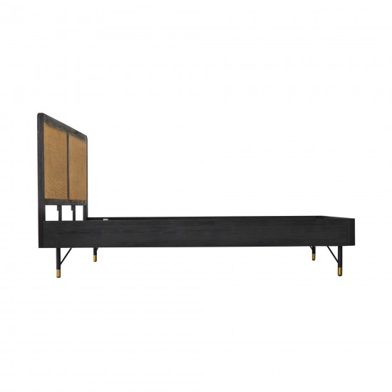 Saratoga Queen Platform Frame Bed in Black Acacia with Rattan Headboard