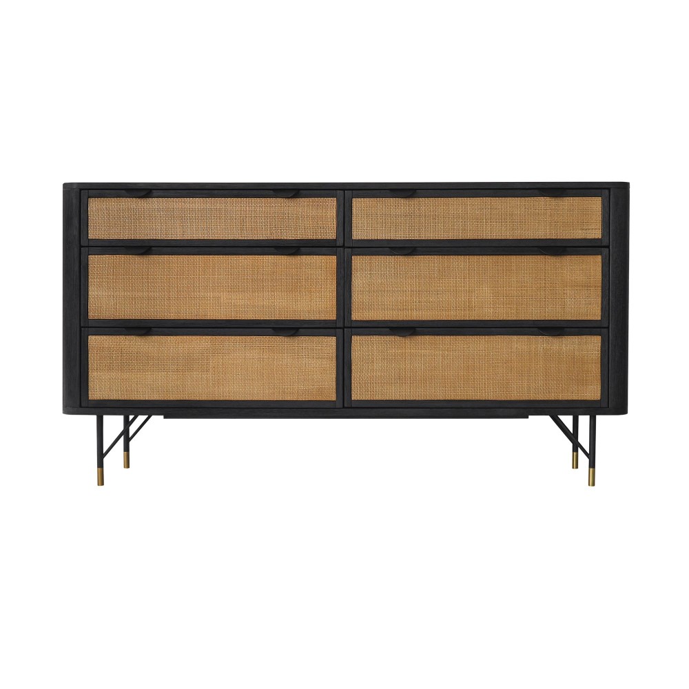 Saratoga 6 Drawer Dresser in Black Acacia with Rattan