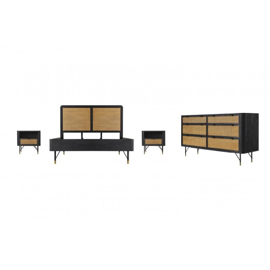 Saratoga 4 Piece Queen Bedroom Set in Black Acacia Wood and Rattan