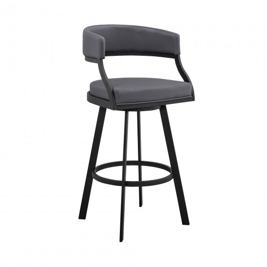 Saturn 30" Bar Height Swivel Grey Faux Leather and Black Metal Bar Stool