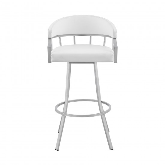 Valerie 26" Swivel White Faux Leather and Silver Metal Bar Stool