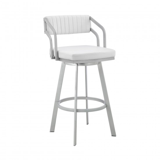 Capri 26" Swivel White Faux Leather and Silver Metal Bar Stool