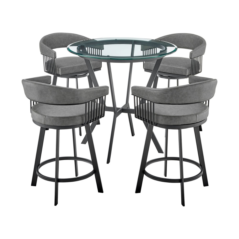 Naomi and Chelsea Dining Set in Black Metal and Grey Faux Leather - Set of 5