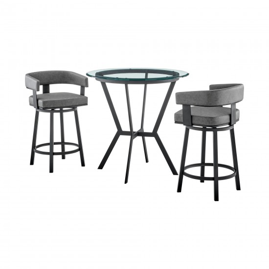 Naomi and Lorin Dining Set in Black Metal and Grey Faux Leather - Set of 3