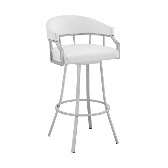 Palmdale 30" Swivel White Faux Leather and Silver Metal Bar Stool