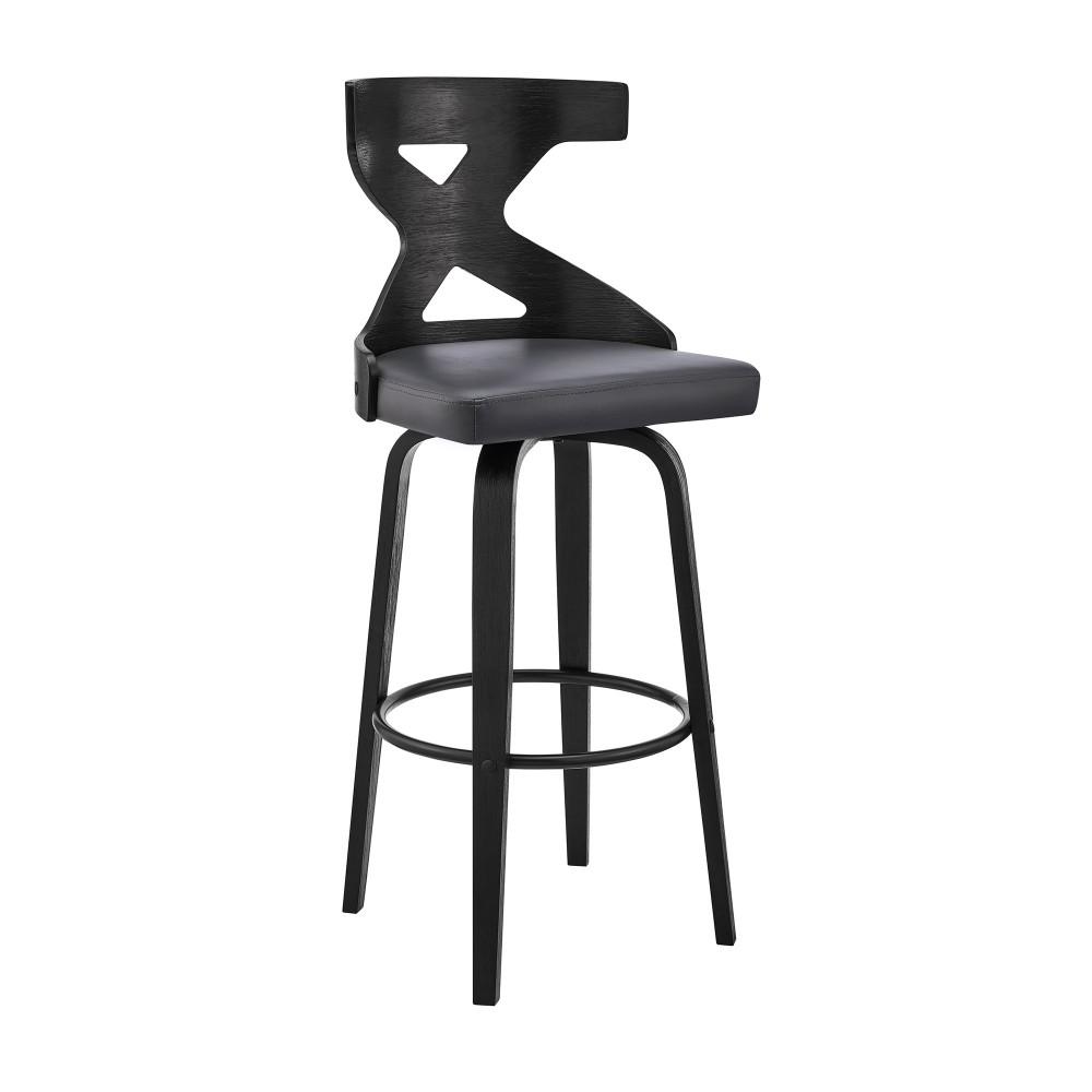 Gayle 30" Swivel Cross Back Grey Faux Leather and Black Wood Bar Stool