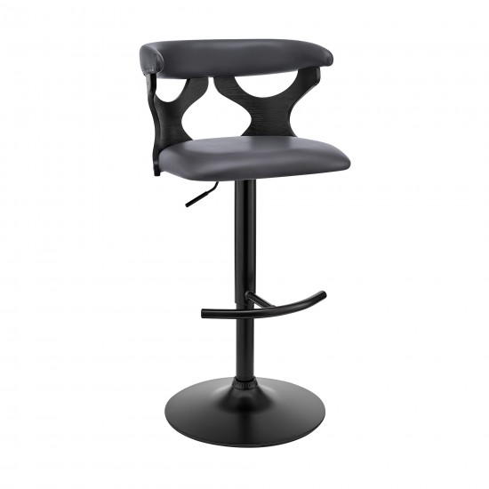 Ruth Adjustable Swivel Grey Faux Leather and Black Wood Bar Stool