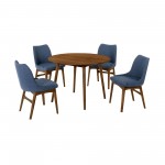 Arcadia and Azalea 42" Round Blue and Walnut Wood 5 Piece Dining Set