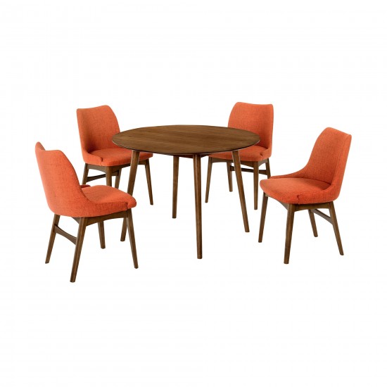 Arcadia and Azalea 42" Round Orange and Walnut Wood 5 Piece Dining Set