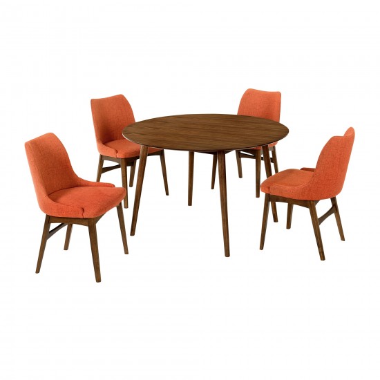 Arcadia and Azalea 48" Round Orange and Walnut Wood 5 Piece Dining Set