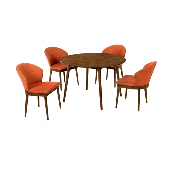 Arcadia and Juno 48" Round Orange and Walnut Wood 5 Piece Dining Set