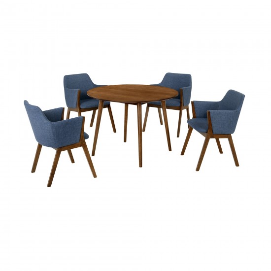 Arcadia and Renzo 42" Round Blue and Walnut Wood 5 Piece Dining Set