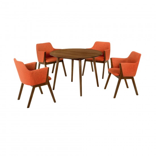 Arcadia and Renzo 42" Round Orange and Walnut Wood 5 Piece Dining Set