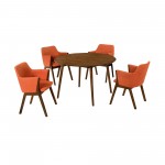 Arcadia and Renzo 48" Round Orange and Walnut Wood 5 Piece Dining Set