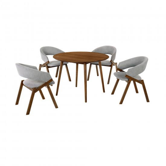 Arcadia and Talulah 42" Round Grey and Walnut Wood 5 Piece Dining Set