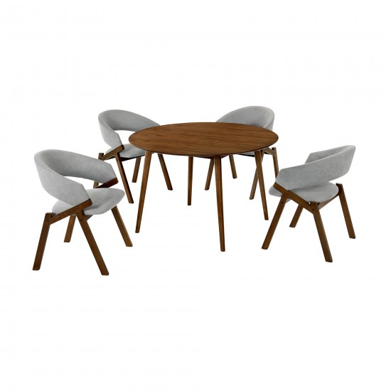 Arcadia and Talulah 48" Round Grey and Walnut Wood 5 Piece Dining Set