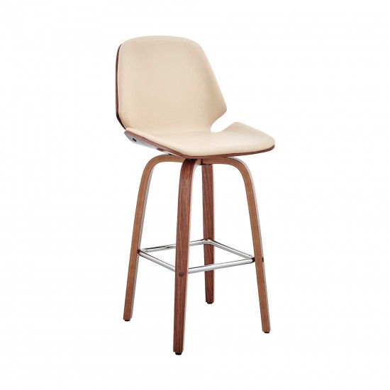 Arabela 26" Cream Faux Leather and Walnut Wood Swivel Bar Stool