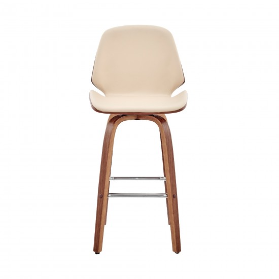 Arabela 26" Cream Faux Leather and Walnut Wood Swivel Bar Stool