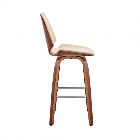 Arabela 26" Cream Faux Leather and Walnut Wood Swivel Bar Stool