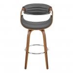 Arya 30" Swivel Bar Stool in Gray Faux Leather and Walnut Wood