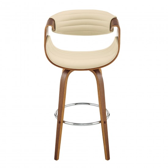 Arya 30" Swivel Bar Stool in Cream Faux Leather and Walnut Wood