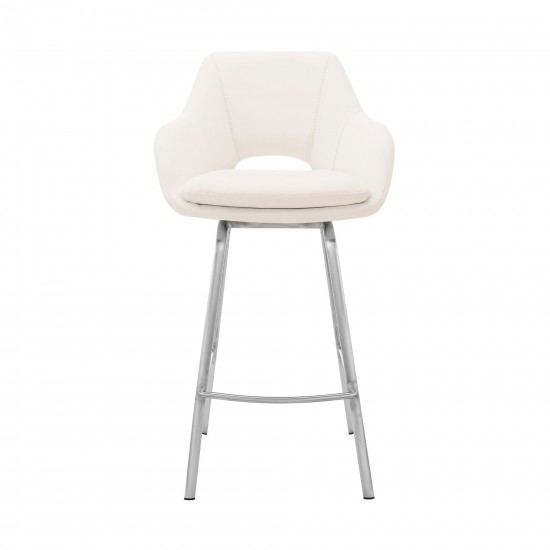 Aura White Faux Leather and Brushed Stainless Steel Swivel 26" Counter Stool