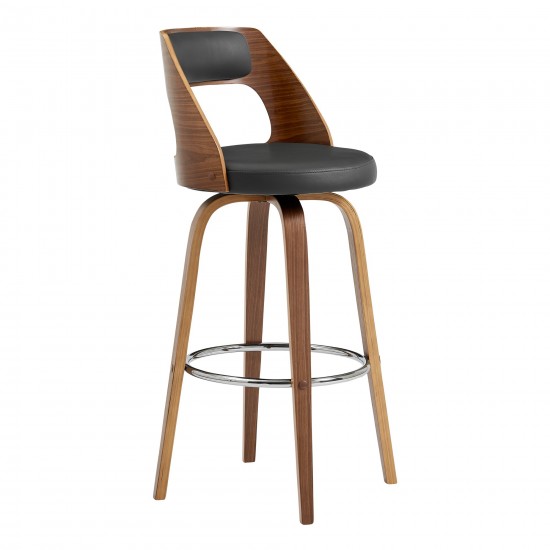 Axel 30" Swivel Bar Stool in Gray Faux Leather and Walnut Wood