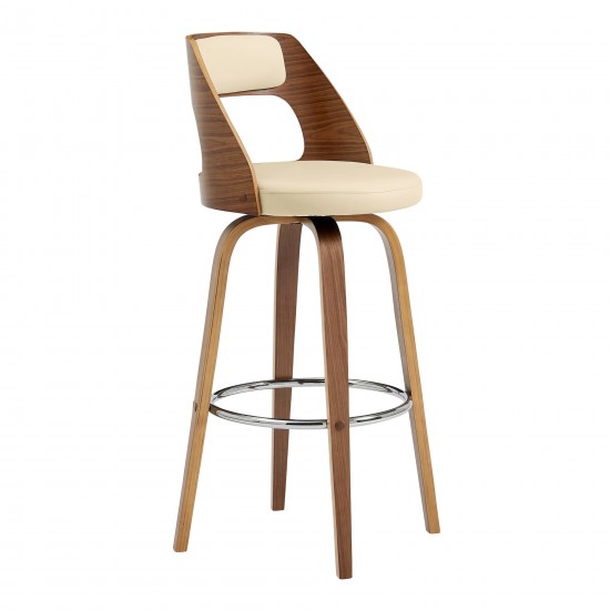 Axel 30" Swivel Bar Stool in Cream Faux Leather and Walnut Wood