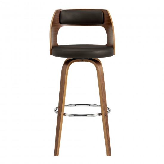 Axel 30" Swivel Bar Stool in Brown Faux Leather and Walnut Wood