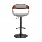 Benson Adjustable Gray Faux Leather and Walnut Wood Bar Stool with Black Base