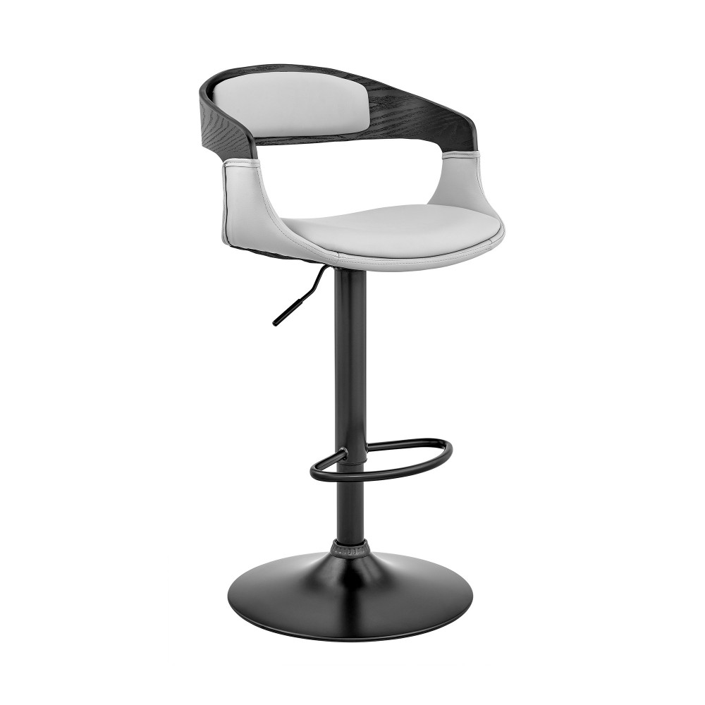 Benson Adjustable Gray Faux Leather and Black Wood Bar Stool with Black Base