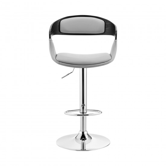 Benson Adjustable Gray Faux Leather and Black Wood Bar Stool with Chrome Base